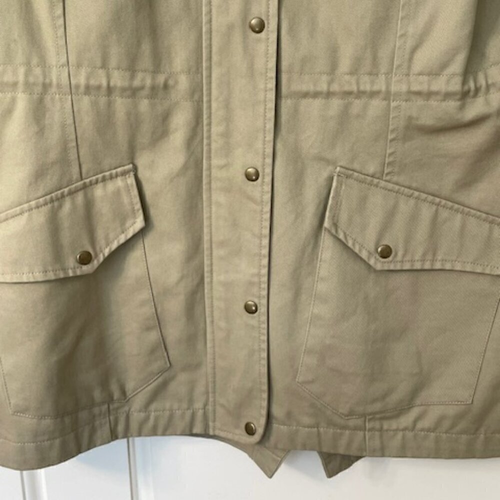 Betabrand Chore Cotton Twill Hooded Coat Khaki Morning Mess Women's Large - Picture 4 of 10